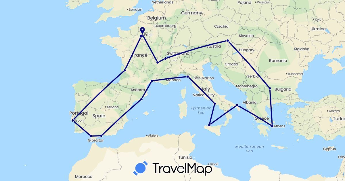 TravelMap itinerary: driving in Austria, Bulgaria, Switzerland, Spain, France, Greece, Italy, Portugal (Europe)